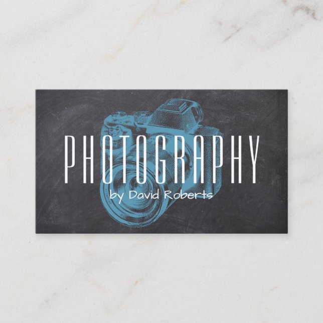 Photography Professional Blue Camera Chalkboard Business Card (Front)