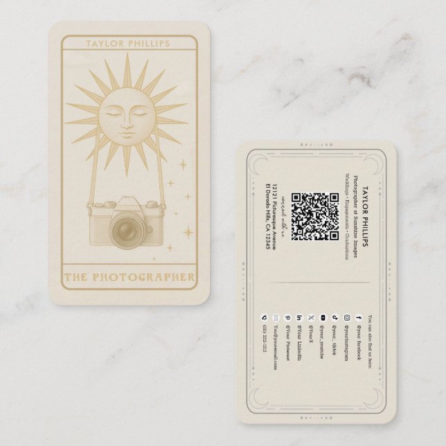 Photography Sun Tarot Photographer Social Media QR Business Card (Front/Back)