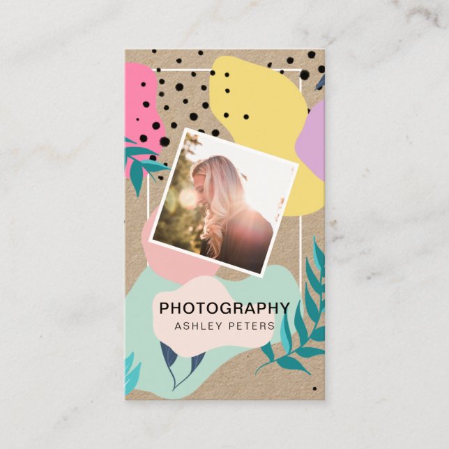 Photography tropical shapes pastel kraft photo business card (Front)