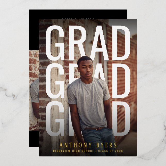 PhotoPop Bold Typography Graduation Party Foil Invitation (Front/Back)