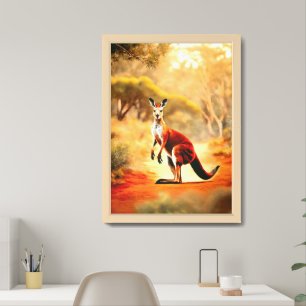 photorealistic, kangaroo running on bushland.  framed art