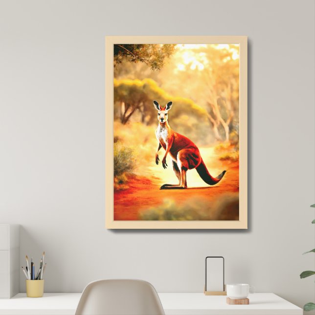 photorealistic, kangaroo running on bushland.  framed art (Home Office)