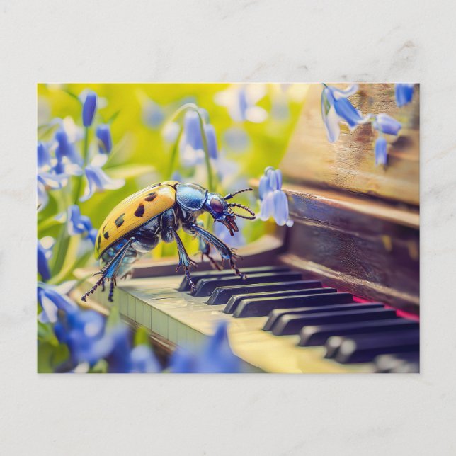 Photorealistic Oil Beetle Playing Piano Among Blue Postcard (Front)