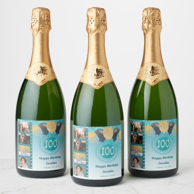 Photos, 100th Birthday Teal Blue Glitter Champagne Sparkling Wine Label (Bottles)