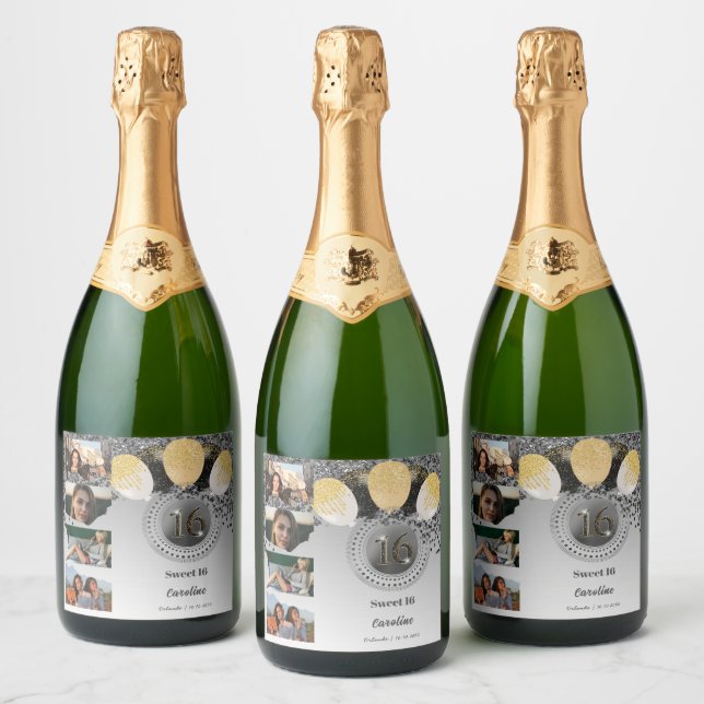Photos, 16th Birthday Black Gold Glitter Champagne Sparkling Wine Label (Bottles)