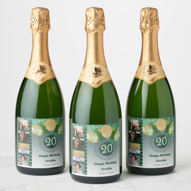Photos, 20th Birthday Green Glitter Champagne Sparkling Wine Label (Bottles)