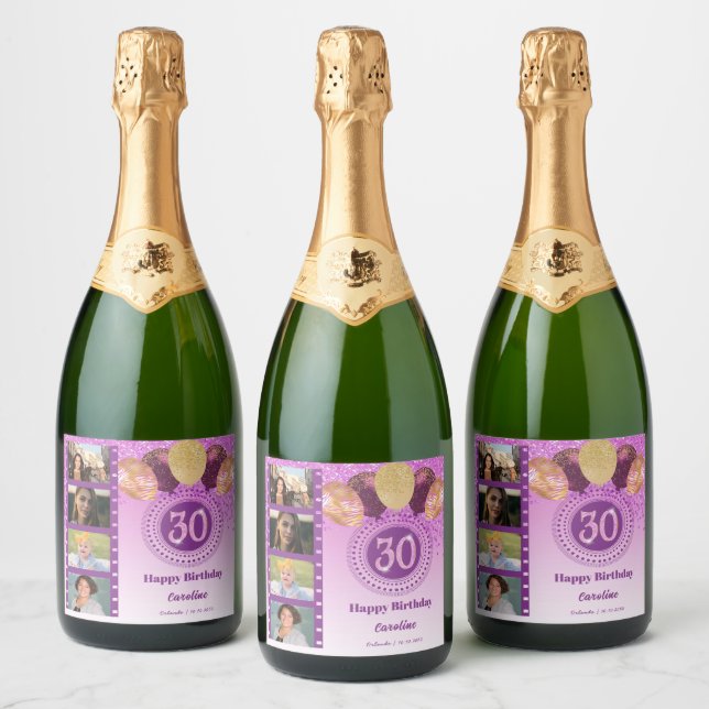 Photos, 30th Birthday Pink Glitter Champagne Sparkling Wine Label (Bottles)