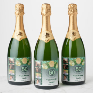 Photos, 50th Birthday Green Glitter Champagne Sparkling Wine Label