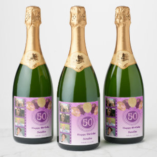 Photos, 50th Birthday Pink Glitter Champagne Sparkling Wine Label