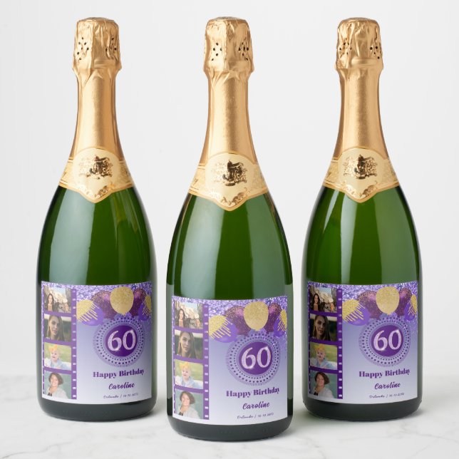 Photos, 60th Birthday Purple Glitter Champagne Sparkling Wine Label (Bottles)