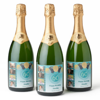 Photos, 60th Birthday Teal Blue Glitter Champagne Sparkling Wine Label