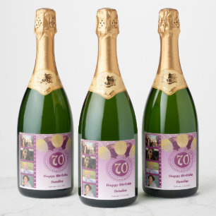 Photos, 70th Birthday Rose Gold Glitter Champagne Sparkling Wine Label