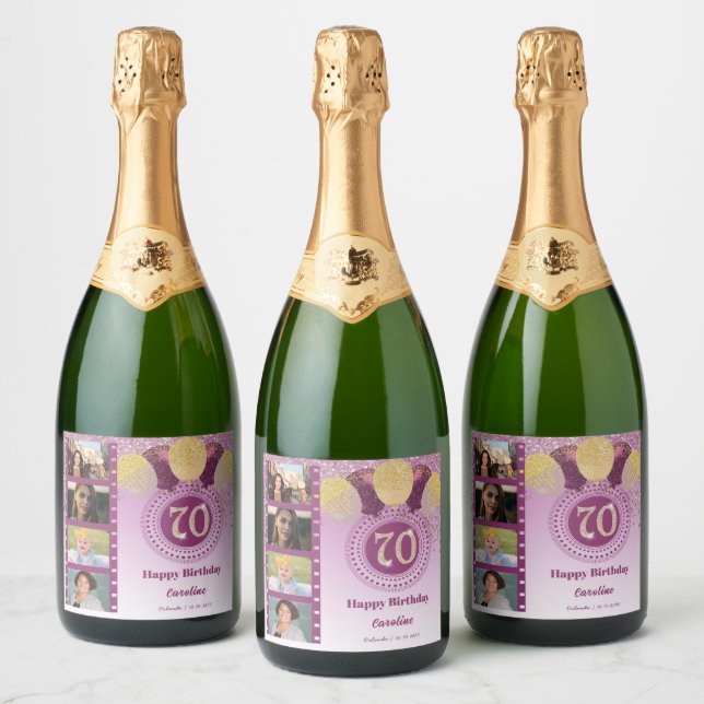 Photos, 70th Birthday Rose Gold Glitter Champagne Sparkling Wine Label (Bottles)