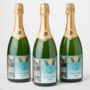 Photos, 80th Birthday Teal Blue Glitter Champagne Sparkling Wine Label
