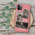 Photos And Heart On Coral Red Blush Peach Pink iPhone 11 Pro Max Case<br><div class="desc">Decorative, pretty elegant light coral red pink colored cellphone case. With room to easily customize or personalize with three pictures and (limited) text of your choice. Decorated with cute hearts and sweet We Love You quote text in an elegant and stylish handwritten style calligraphy font type. Unique keepsake, birthday, anniversary,...</div>