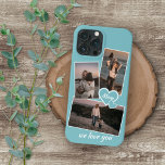 Photos And Heart On Light Turquoise Teal Blue iPhone 11 Pro Max Case<br><div class="desc">Decorative, pretty elegant light teal blue green gray colored cellphone case. With room to easily customize or personalize with three pictures and (limited) text of your choice. Decorated with cute hearts and sweet We Love You quote text in an elegant and stylish handwritten style calligraphy font type. Unique keepsake, birthday,...</div>