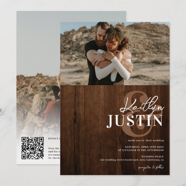 Photos bold names calligraphy rustic wood wedding invitation (Front/Back)