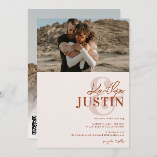 Photos bold names calligraphy terracotta wedding invitation