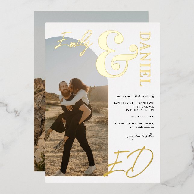 Photos bold names script arch black white wedding foil invitation (Front/Back)