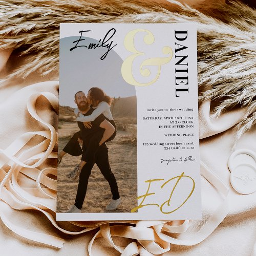 Photos bold names script arch black white wedding foil invitation