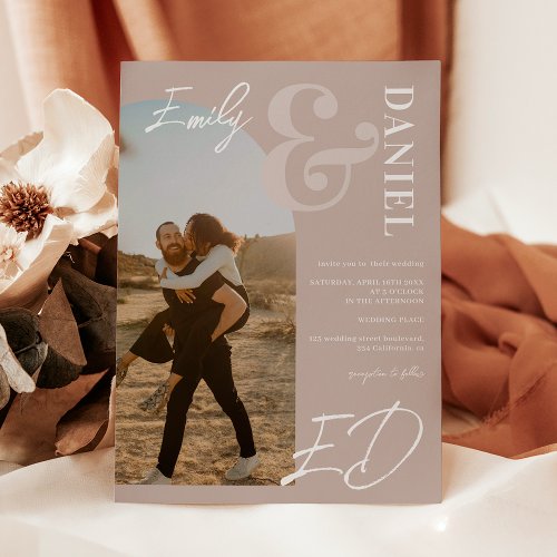 Photos bold names script arch dusty rose wedding invitation
