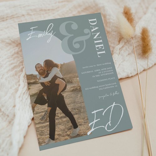 Photos bold names script arch sage green wedding invitation