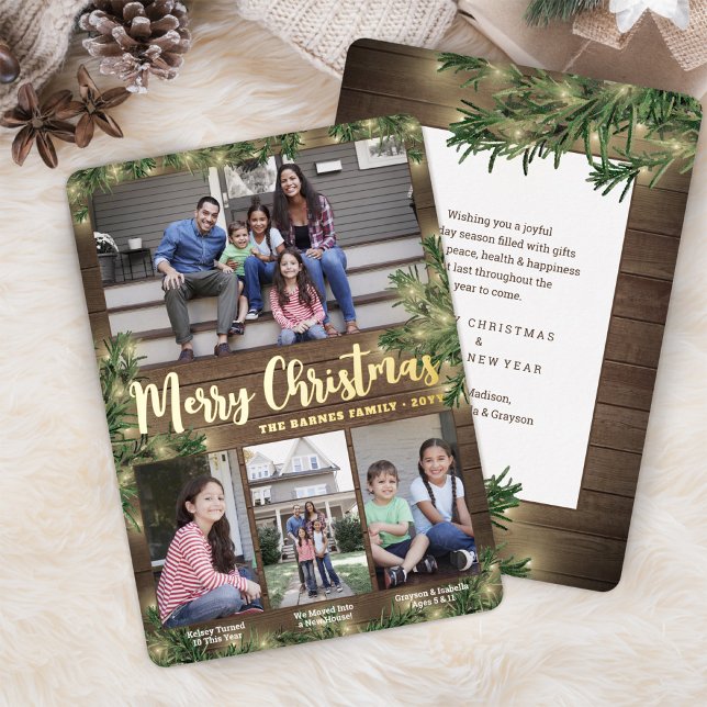 Photos & Captions Christmas Greenery Wood & Lights Foil Holiday Card (Creator Uploaded)