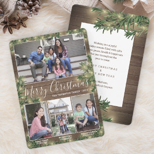 Photos & Captions Christmas Greenery Wood & Lights Holiday Card
