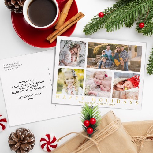 Photos Collage Happy Holidays Simple Classy Real Foil Holiday Postcard