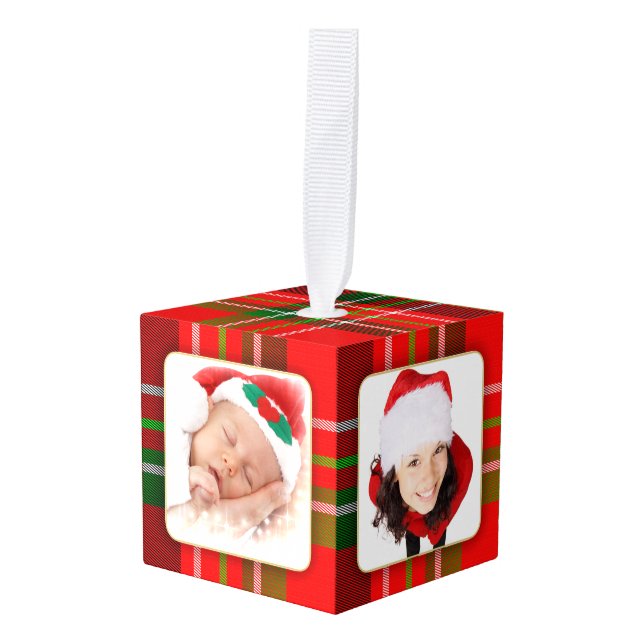 Photos, Four Christmas Tartan Picture Frames Cube Ornament (Front Angled)