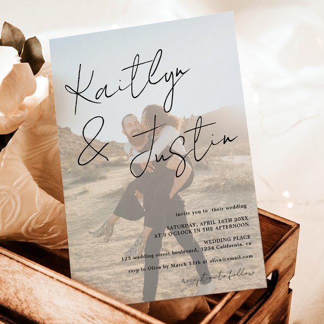 Photos name script calligraphy white black wedding invitation (Photos name script calligraphy white black wedding invitation)