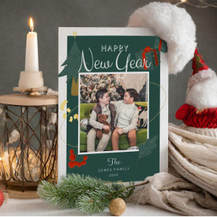 Photos New Year Family Magic Green Red Holiday Card