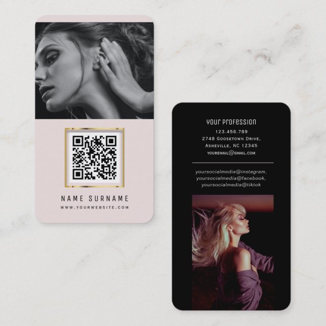 photos qr code scannable barcode modern blush pink business card (Front/Back)