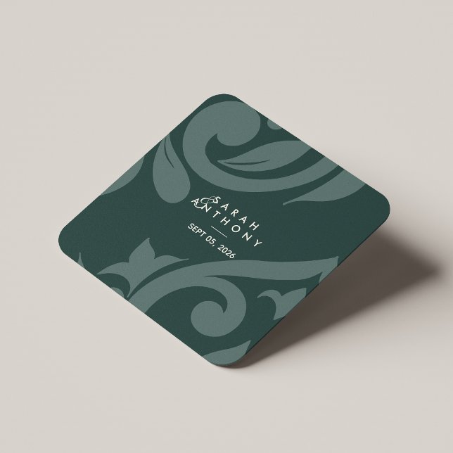 Phthalo Green Classic Script Damask Wedding Square Paper Coaster (Creator Uploaded)