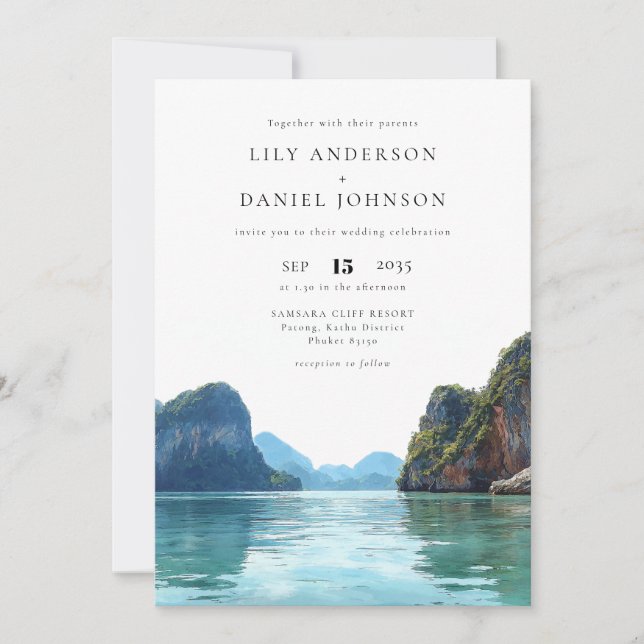 Phuket Thailand Watercolor QR Code Wedding Invitation (Front)