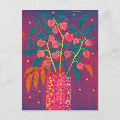Physalis Chinese Lanterns Paper Collage Floral Art Postcard