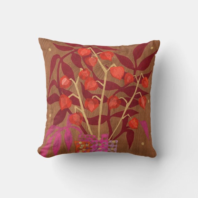 Physalis Chinese Lanterns Paper Collage Floral Art Throw Pillow (Front)