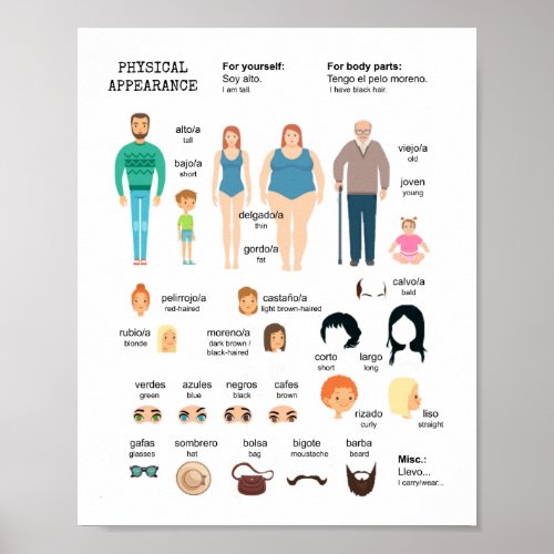 Physical Appearance Poster for Spanish leaners
