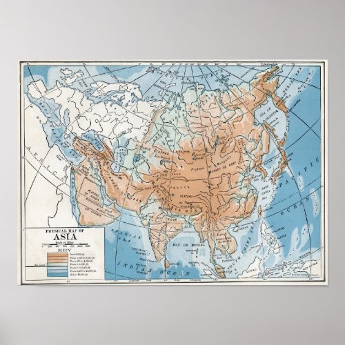 Physical Map of Asia 1916 Poster