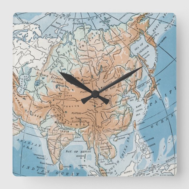 Physical Map of Asia (1916) Square Wall Clock (Front)