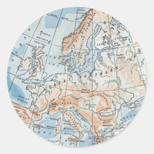 Physical Map of Europe 1916 Classic Round Sticker
