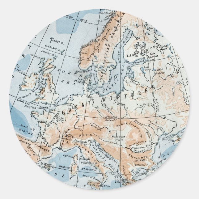 Physical Map of Europe (1916) Classic Round Sticker (Front)