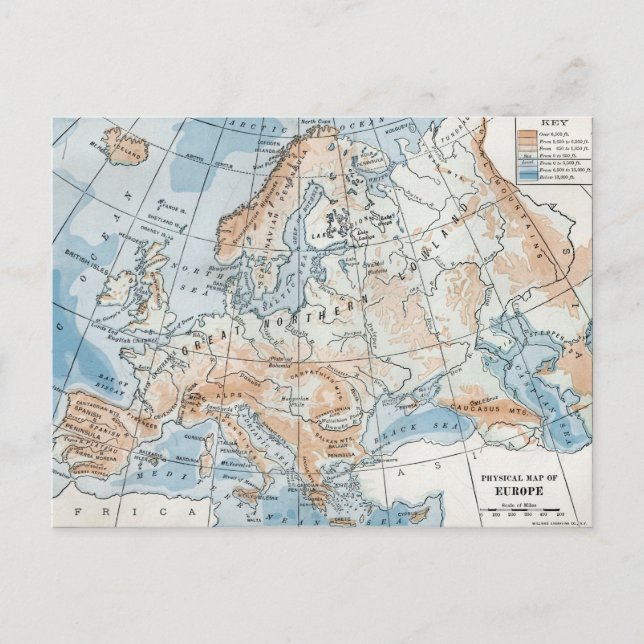 Physical Map of Europe (1916) Postcard (Front)