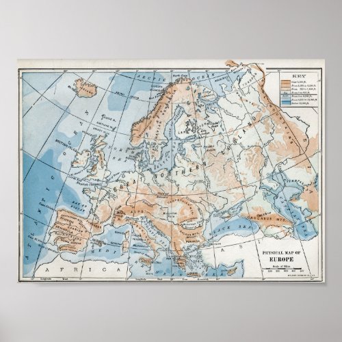 Physical Map of Europe 1916 Poster