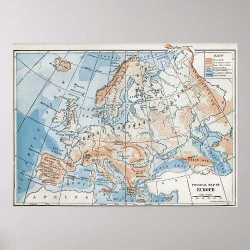 Physical Map of Europe 1916 Poster