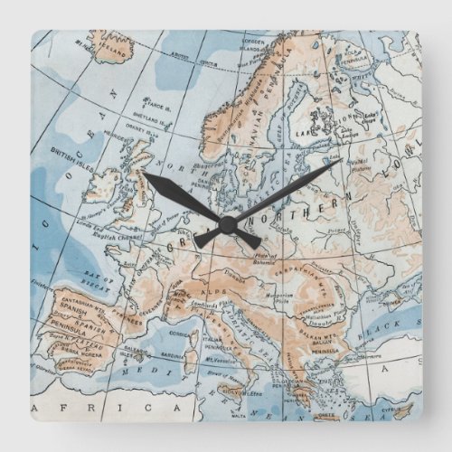 Physical Map of Europe 1916 Square Wall Clock