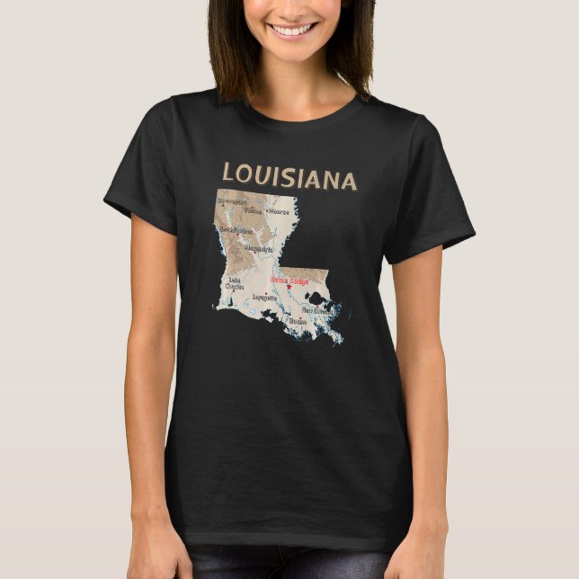 Physical Map Of Louisiana Major Cities Lakes River T-Shirt (Front)