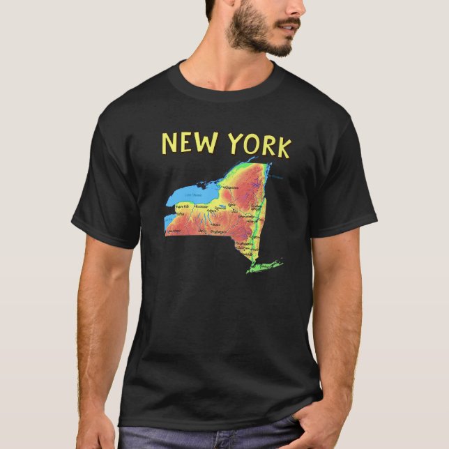 Physical Map Of New York Major Cities Lakes Rivers T-Shirt (Front)