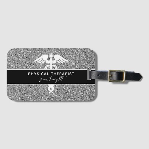 Physical Therapist Silver Black Glitter Name Luggage Tag