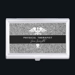 Physical Therapist Silver Glitter Medical Monogram Business Card Case<br><div class="desc">Carry your business cards in style with this Physical Therapist Silver Glitter Medical Monogram Business Card Case. It is designed with silver faux glitter background and black horizontal stripe on the center with your name and occupation job title "PT" and "physical therapist." A white caduceus symbol is on the center....</div>